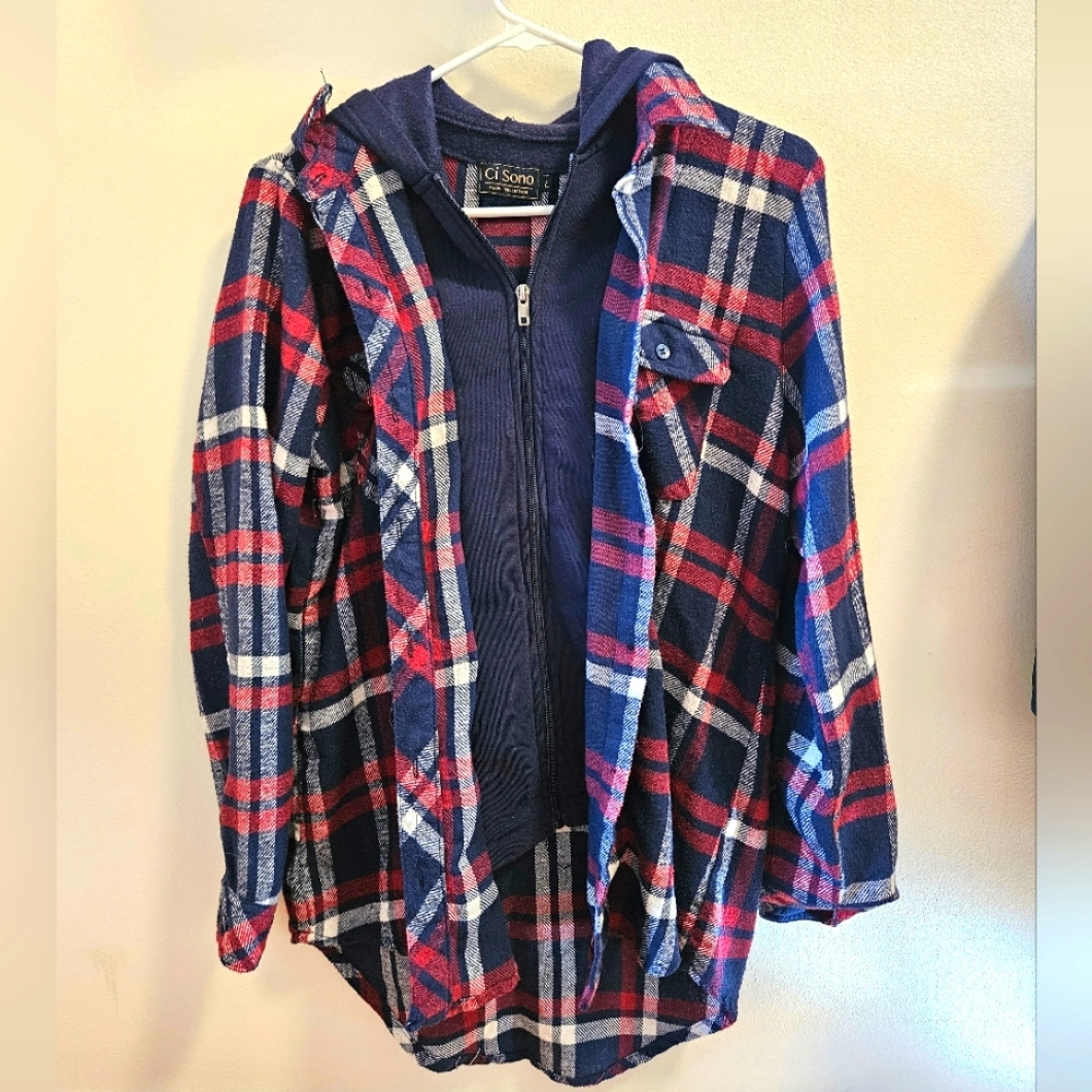 Plaid shirt with hoodie zip up and buttons